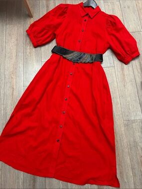 Ann Taylor Red Linen Blend Front Button Closure Puff Sleeve Dress Large